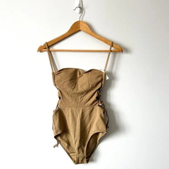Aerie Pique Lace-Up Bandeau One Piece Swimsuit Tan Beige NWT  Size Small - Picture 6 of 10